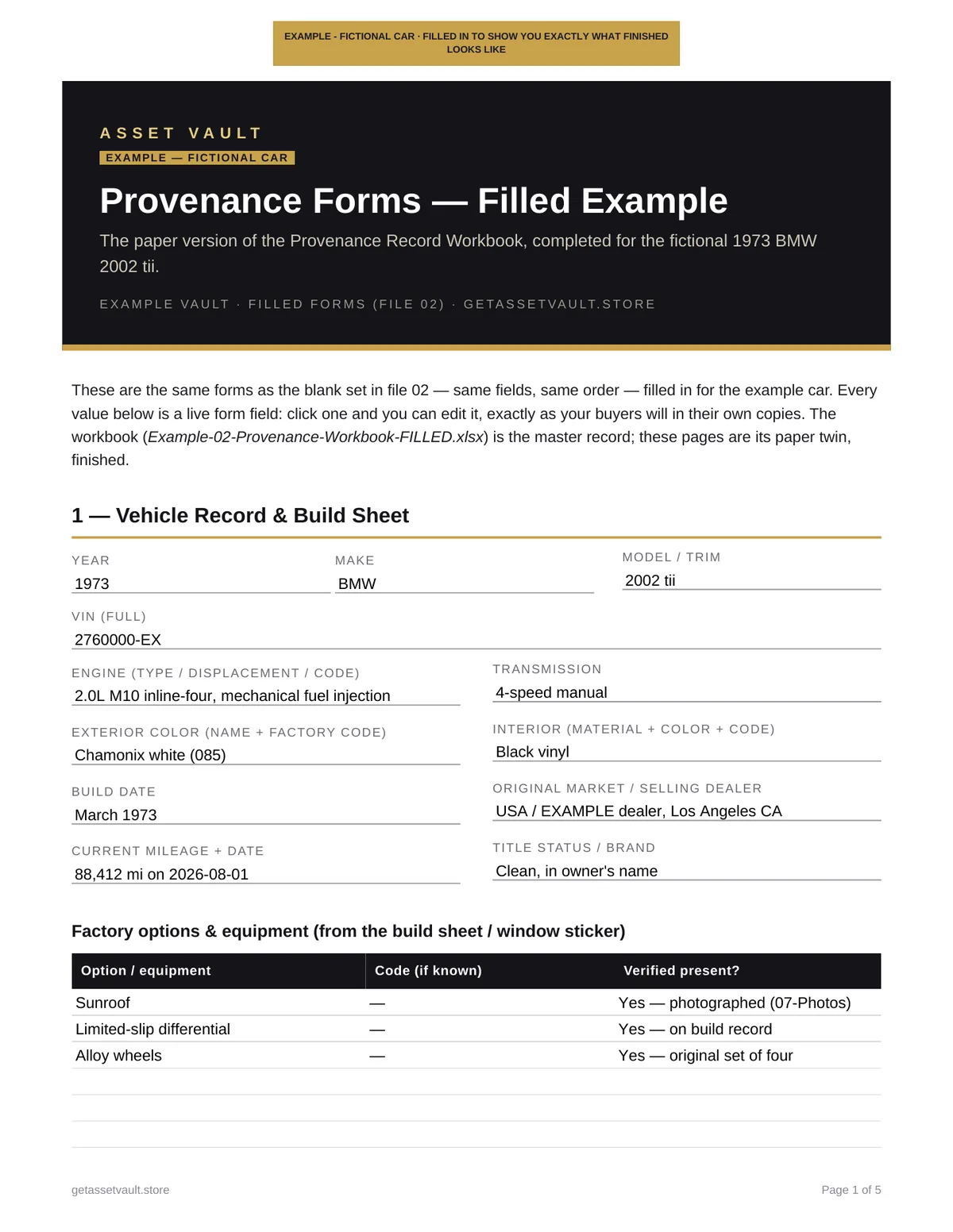 Bring a Trailer records packet example: a filled vehicle record and build sheet form, completed for the fictional 1973 BMW 2002 tii, as the first document in a seller's documentation packet