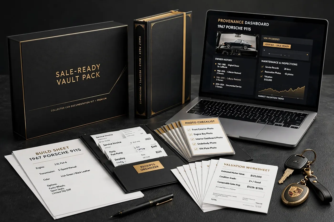 The Sale-Ready Vault Pack: documentation binder, build sheet, receipts organizer, photo checklist cards and valuation worksheet beside a laptop showing a provenance dashboard